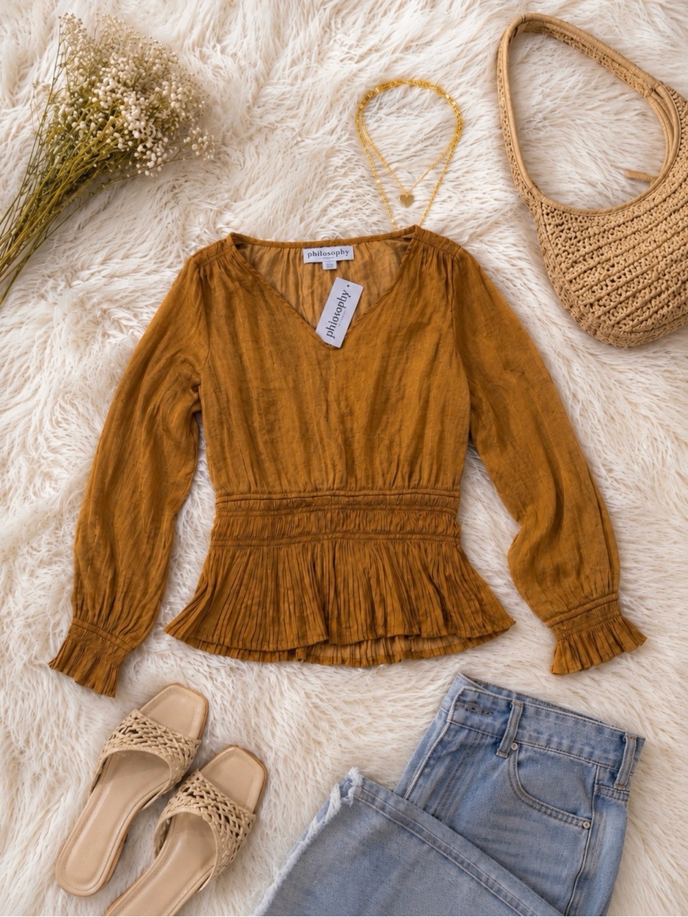 Philosophy Golden Brown Pleated Peplum V-Neck Long Sleeve Top